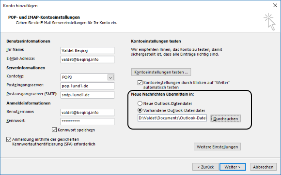 1&1 POP3 E-Mail-Konto in Outlook