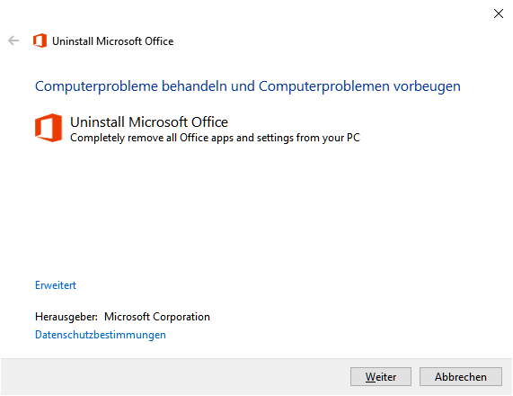 Assistent zum Deinstallieren von Office 365