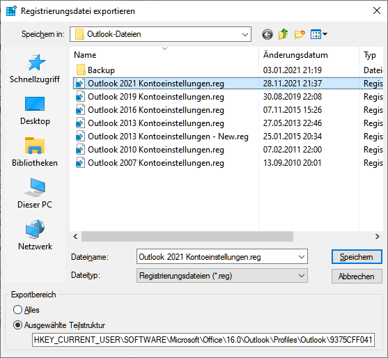 Outlook 2019 E-Mail-Konten exportieren